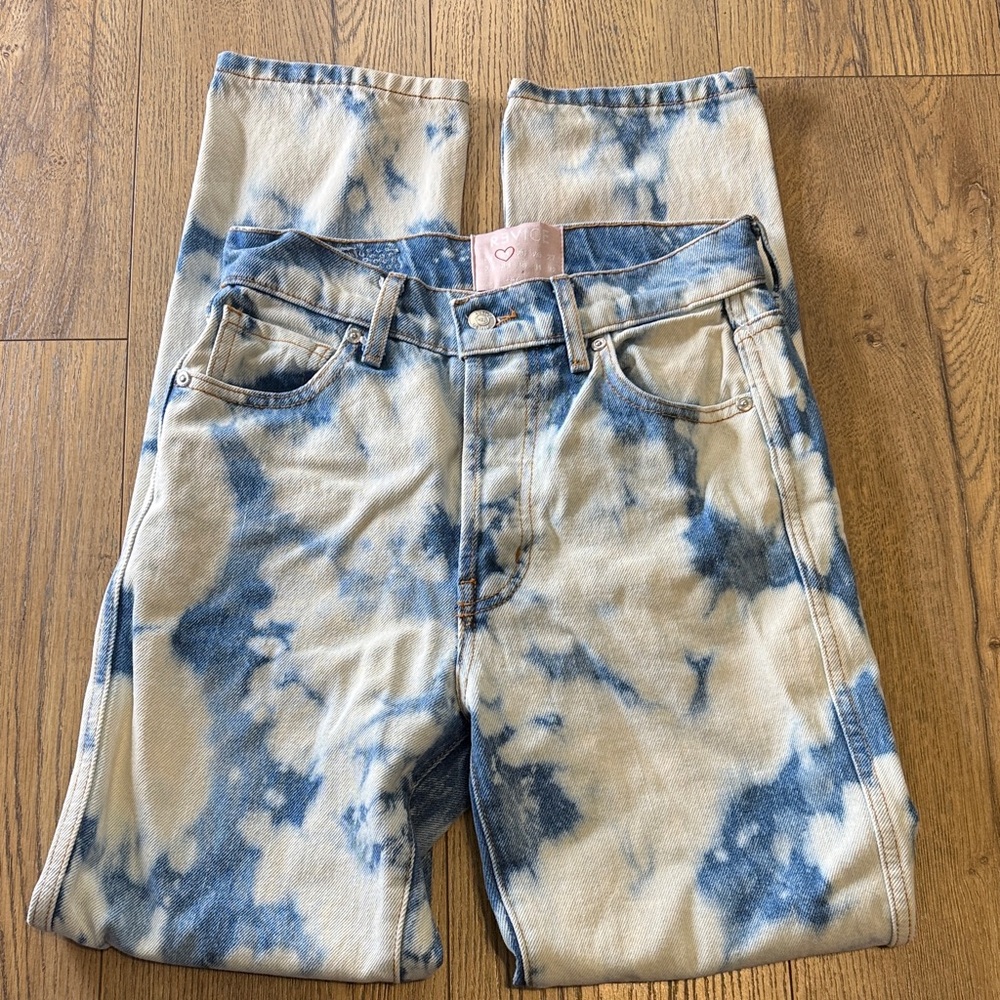 REVICE Cloudy Blue and White Acid Wash Tie Dye Straight Leg Jeans